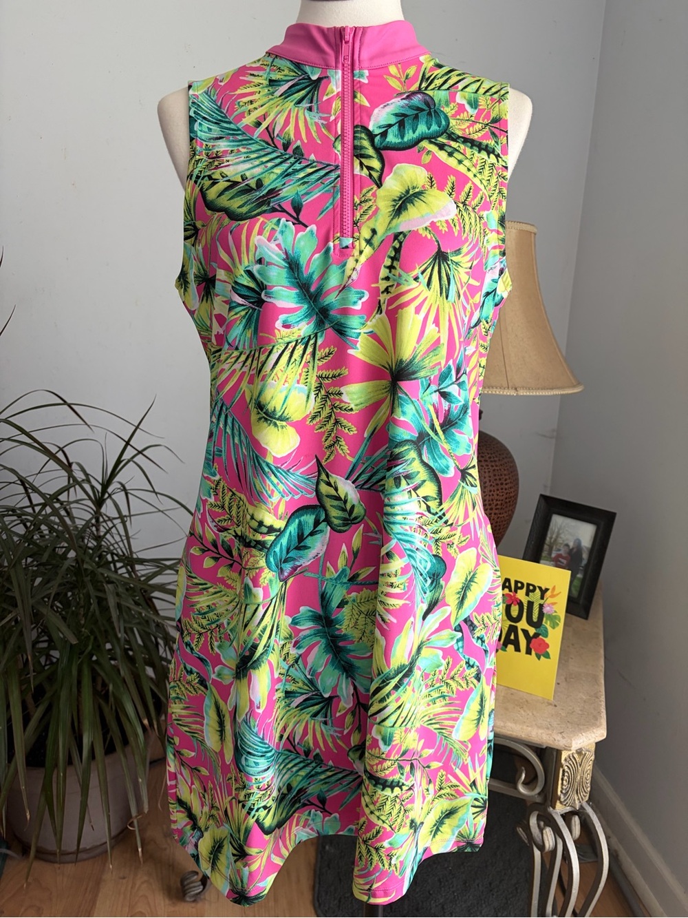 Tommy Bahama Pink Tropical Leaf Sleeveless Dress With Pockets & Front Zip Size L - Picture 11 of 16